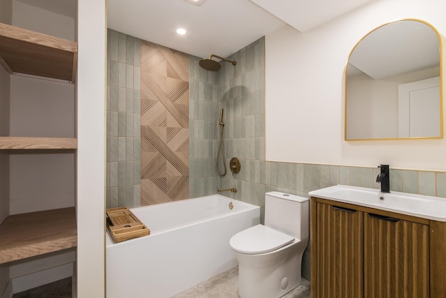 1528 S Ashland Ave, Park Ridge, IL 60068 - full bathroom with vanity, toilet, a wainscoted wall, tile walls, and  shower combination