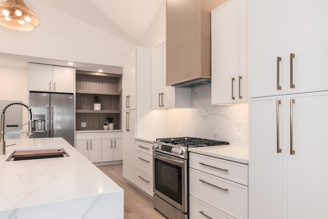 1528 S Ashland Ave, Park Ridge, IL 60068 - kitchen with open shelves, white cabinetry, tasteful backsplash, a sink, and stainless steel appliances