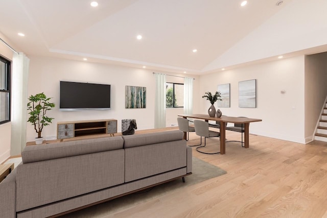 1528 S Ashland Ave, Park Ridge, IL 60068 - living room with light wood-style floors, stairway, lofted ceiling, and recessed lighting
