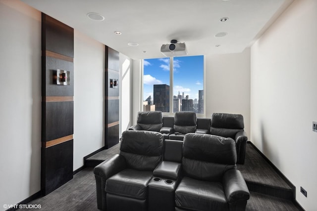 home theater room with baseboards and dark wood-style floors