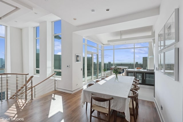 dining space featuring baseboards, floor to ceiling windows, and wood finished floors