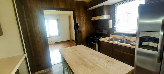 kitchen featuring wooden counters, a sink, stainless steel appliances, dark wood-type flooring, and under cabinet range hood