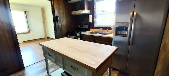 kitchen with light wood finished floors, a sink, wood counters, stainless steel appliances, and under cabinet range hood