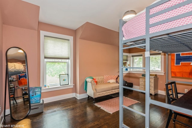 bedroom featuring baseboards, multiple windows, and wood finished floors