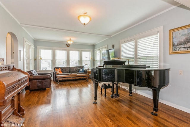 sitting room featuring crown molding, a wealth of natural light, wood finished floors, and arched walkways
