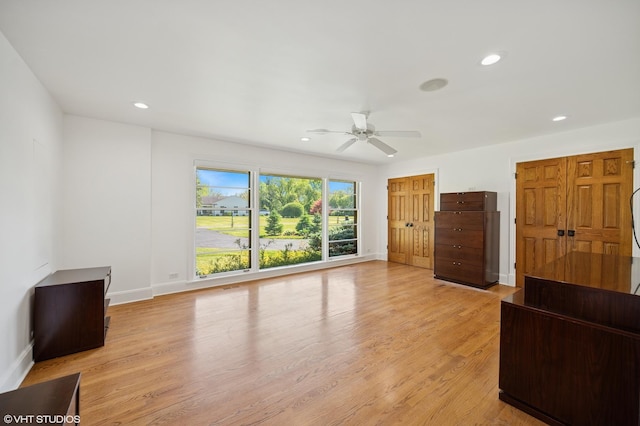 1050 Cedar Ln, Lake Forest, IL 60045 - unfurnished bedroom featuring light wood finished floors, recessed lighting, baseboards, and a ceiling fan