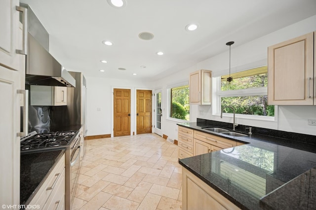 1050 Cedar Ln, Lake Forest, IL 60045 - kitchen with stainless steel gas range, a sink, light brown cabinetry, and recessed lighting