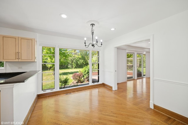 1050 Cedar Ln, Lake Forest, IL 60045 - unfurnished dining area featuring baseboards, a chandelier, recessed lighting, and light wood-style flooring