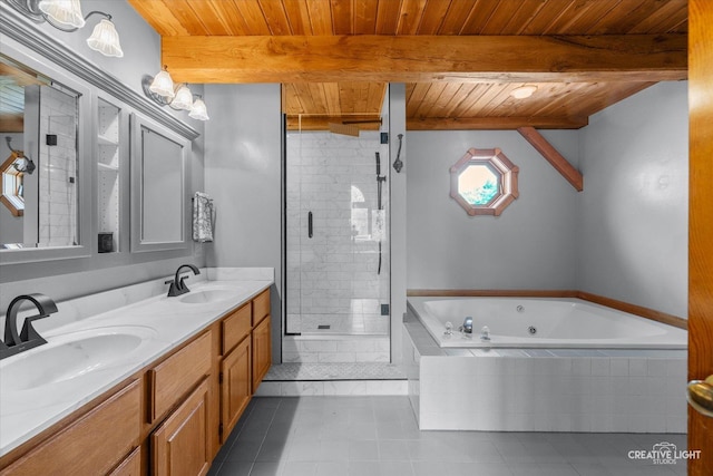 405 Cambridge Way, Bolingbrook, IL 60440 - bathroom with tile patterned floors, a jetted tub, beam ceiling, wooden ceiling, and a shower stall