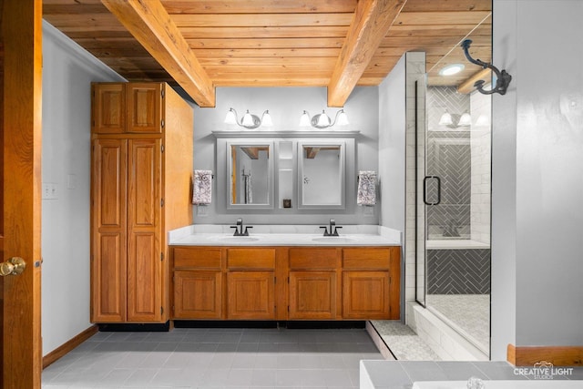 405 Cambridge Way, Bolingbrook, IL 60440 - full bath featuring wood ceiling, a stall shower, beam ceiling, double vanity, and tile patterned floors