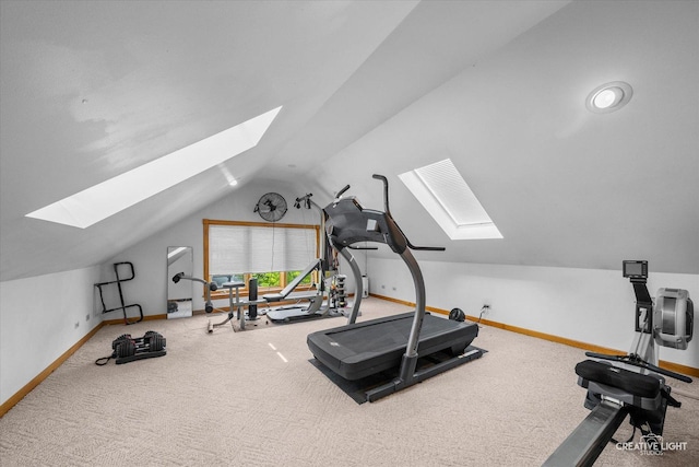 405 Cambridge Way, Bolingbrook, IL 60440 - workout area with a skylight, lofted ceiling, baseboards, and carpet