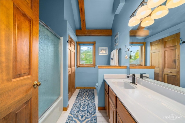 405 Cambridge Way, Bolingbrook, IL 60440 - bathroom featuring beamed ceiling, vanity, tile patterned floors, baseboards, and toilet