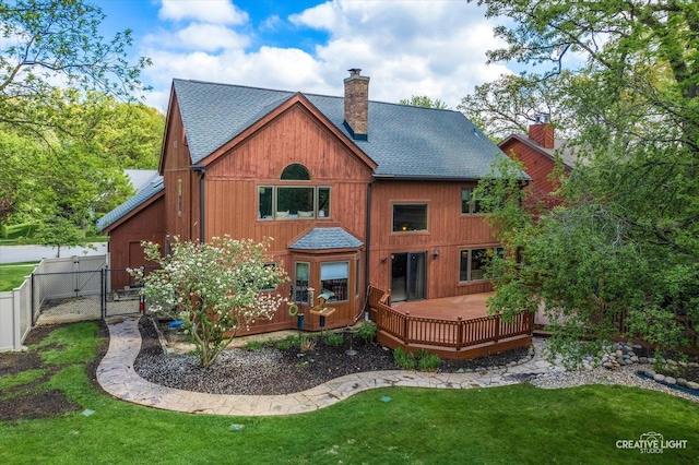405 Cambridge Way, Bolingbrook, IL 60440 - back of house featuring a shingled roof, a chimney, and a wooden deck