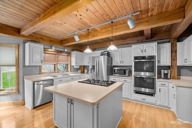 405 Cambridge Way, Bolingbrook, IL 60440 - kitchen featuring stainless steel appliances, wooden ceiling, rail lighting, light wood-style floors, and a center island
