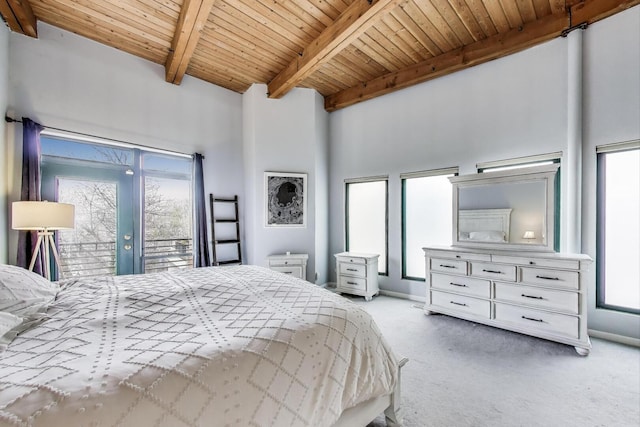bedroom featuring carpet flooring, wood ceiling, access to outside, beamed ceiling, and high vaulted ceiling