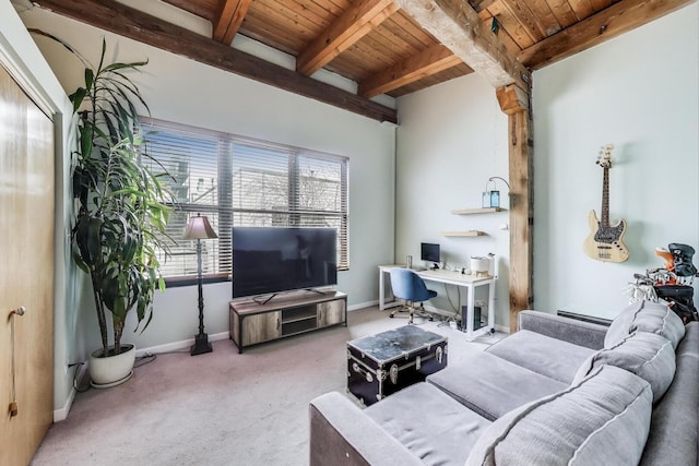 carpeted living area with wooden ceiling, beamed ceiling, a desk, and baseboards