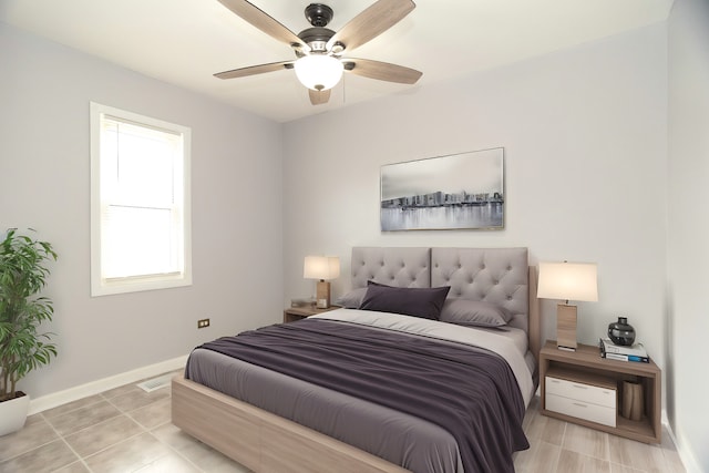 bedroom with baseboards, a ceiling fan, and visible vents