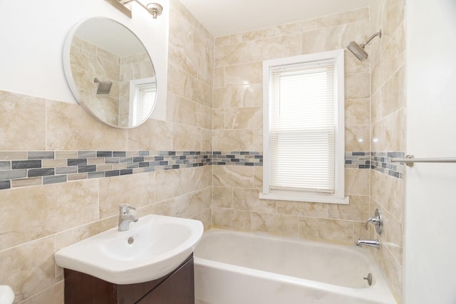 full bathroom featuring a tub, vanity, a shower, and tile walls
