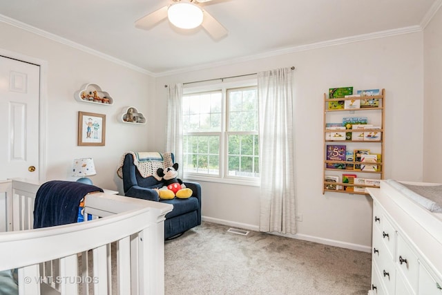 1057 Ponca Dr, Batavia, IL 60510 - bedroom with ornamental molding, baseboards, light carpet, and ceiling fan