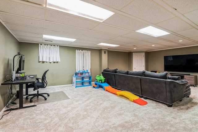 1057 Ponca Dr, Batavia, IL 60510 - rec room featuring carpet flooring, a drop ceiling, a desk, baseboards, and recessed lighting