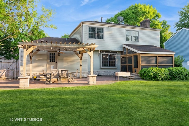 1057 Ponca Dr, Batavia, IL 60510 - rear view of property featuring a pergola, a patio, a sunroom, and a chimney