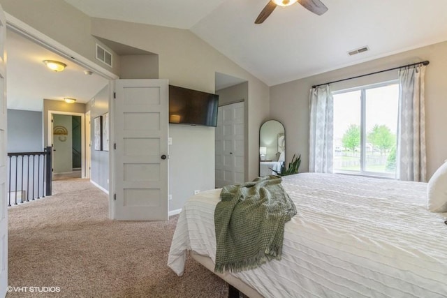 4524 Deames St, Plano, IL 60545 - carpeted bedroom with visible vents, ceiling fan, vaulted ceiling, and a closet