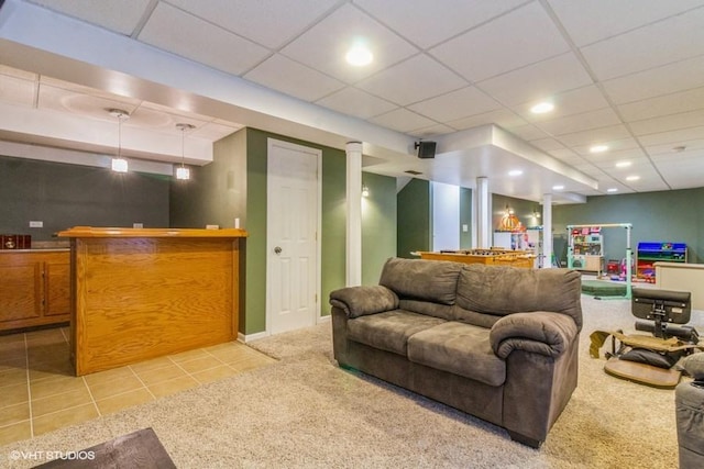 4524 Deames St, Plano, IL 60545 - living room with light tile patterned floors, recessed lighting, light carpet, and a bar