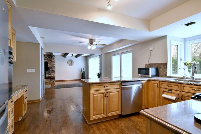 kitchen featuring a sink, appliances with stainless steel finishes, ceiling fan, and a wealth of natural light