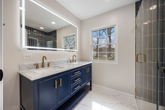 282 Ascot Ln, Streamwood, IL 60107 - full bath with marble look tiles, a shower stall, baseboards, double vanity, and recessed lighting