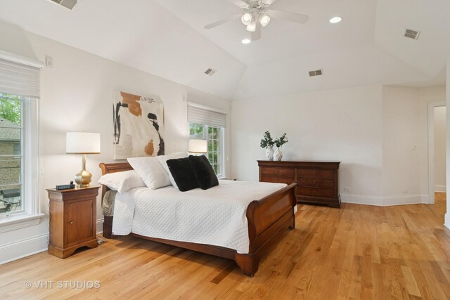 1238 N Illinois Ave, Arlington Heights, IL 60004 - bedroom with multiple windows, light wood-style flooring, ceiling fan, lofted ceiling, and recessed lighting
