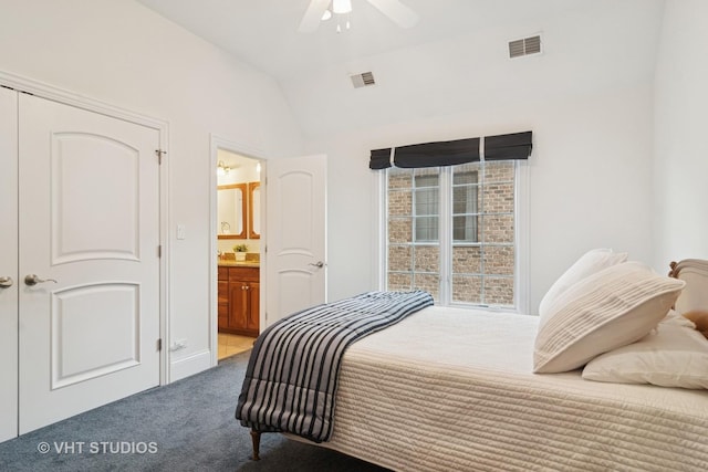 1238 N Illinois Ave, Arlington Heights, IL 60004 - carpeted bedroom featuring vaulted ceiling, connected bathroom, and ceiling fan