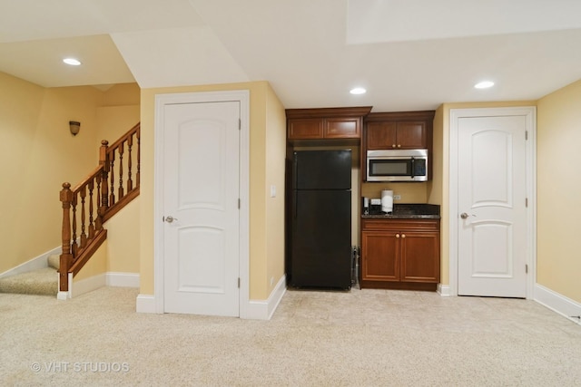 1238 N Illinois Ave, Arlington Heights, IL 60004 - kitchen with freestanding refrigerator, stainless steel microwave, light colored carpet, and recessed lighting