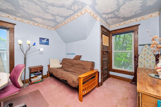 606 N Brainard Ave, La Grange Park, IL 60526 - bedroom with light colored carpet, vaulted ceiling, and baseboards