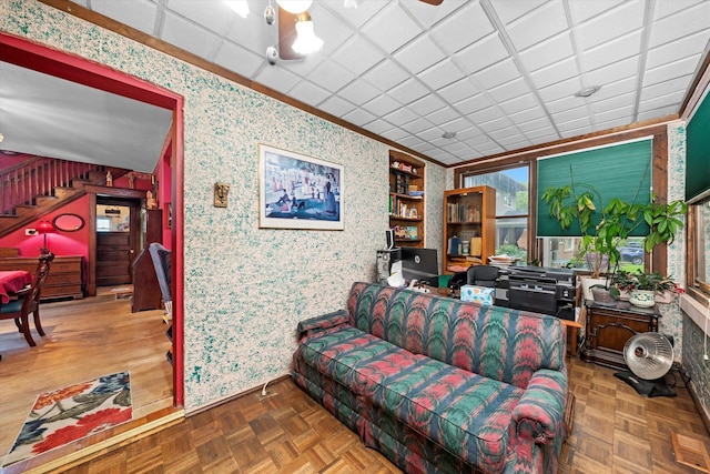 606 N Brainard Ave, La Grange Park, IL 60526 - living area with wallpapered walls, stairs, and baseboards