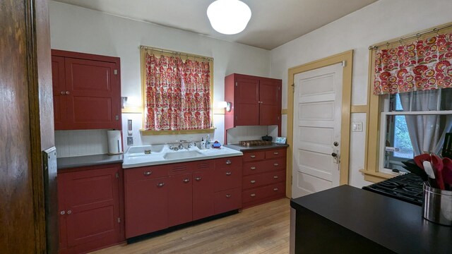 kitchen with light wood-style floors, red cabinetry, and a sink