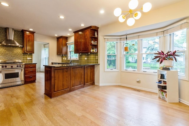 1161 Ardmore Dr, Naperville, IL 60540 - kitchen with wall chimney exhaust hood, premium range, open shelves, light wood-type flooring, and recessed lighting