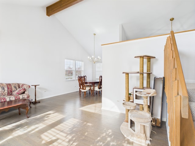 20359 Countryside Ln, Frankfort, IL 60423 - sitting room featuring an inviting chandelier, beam ceiling, wood finished floors, baseboards, and high vaulted ceiling
