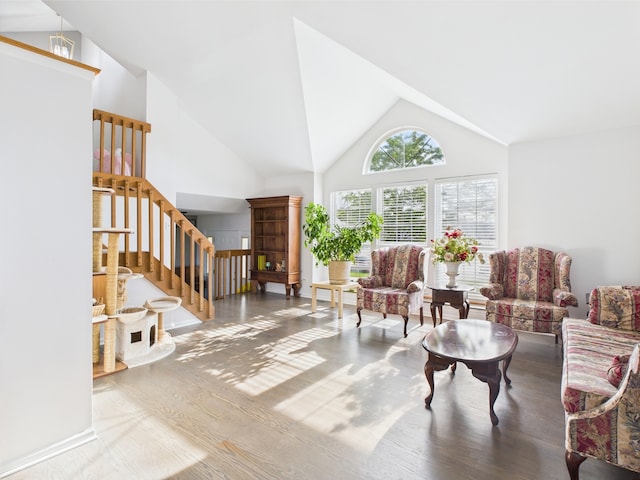 20359 Countryside Ln, Frankfort, IL 60423 - living area featuring stairs, wood finished floors, and high vaulted ceiling