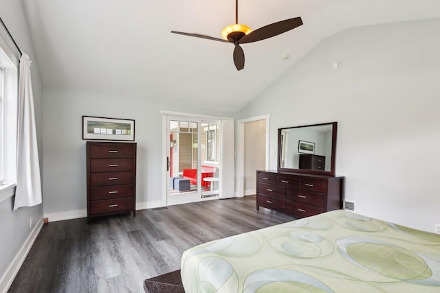 bedroom with dark wood finished floors, ceiling fan, baseboards, and high vaulted ceiling