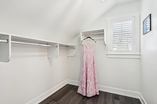 walk in closet with dark wood finished floors and lofted ceiling