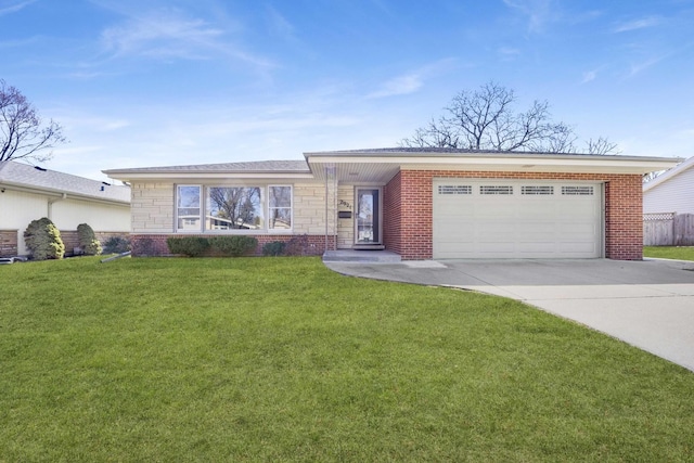 ranch-style home with brick siding, an attached garage, a front yard, and concrete driveway