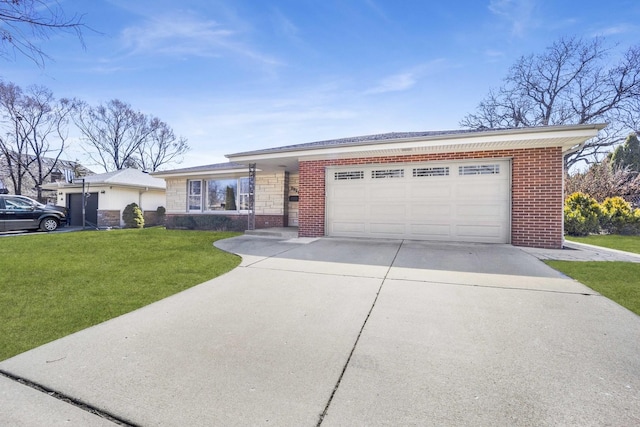 ranch-style home with driveway, a garage, brick siding, a front lawn, and stone siding
