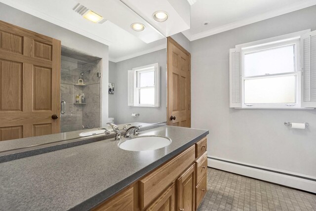 full bathroom with vanity, ornamental molding, baseboard heating, recessed lighting, and a shower stall