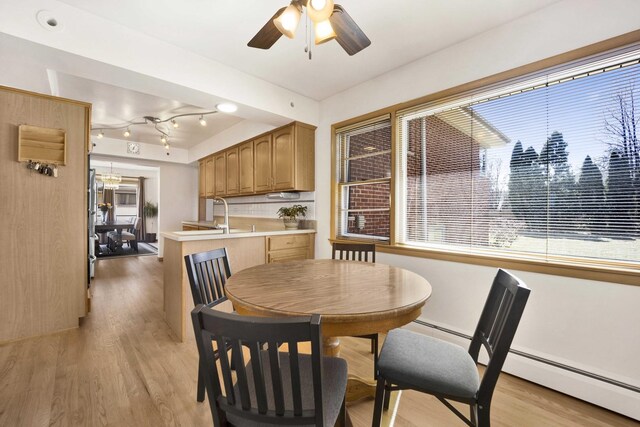 dining space with a ceiling fan and light wood-style flooring
