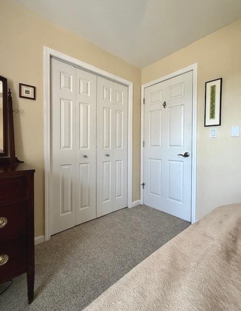 unfurnished bedroom with baseboards, carpet, and a closet