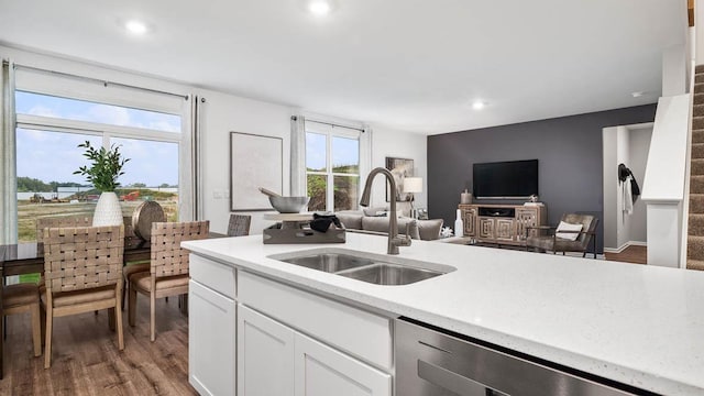 kitchen featuring stainless steel dishwasher, wood finished floors, a sink, open floor plan, and white cabinetry