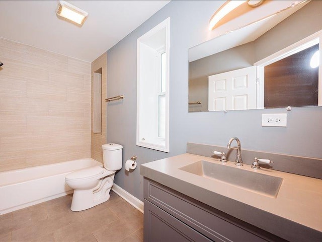 full bath featuring vanity, shower / bathtub combination, toilet, tile patterned floors, and baseboards