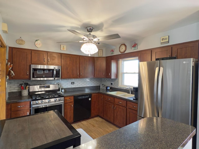 kitchen featuring a sink, tasteful backsplash, a ceiling fan, dark countertops, and appliances with stainless steel finishes