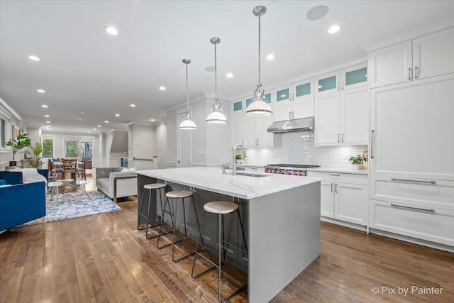 kitchen featuring under cabinet range hood, white cabinets, dark wood finished floors, and a sink