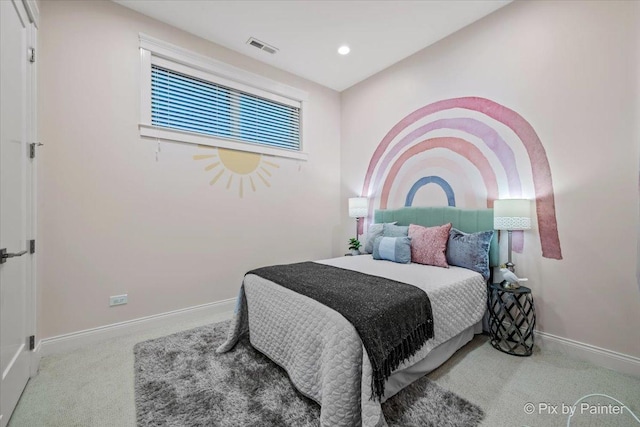 carpeted bedroom with baseboards, recessed lighting, and visible vents